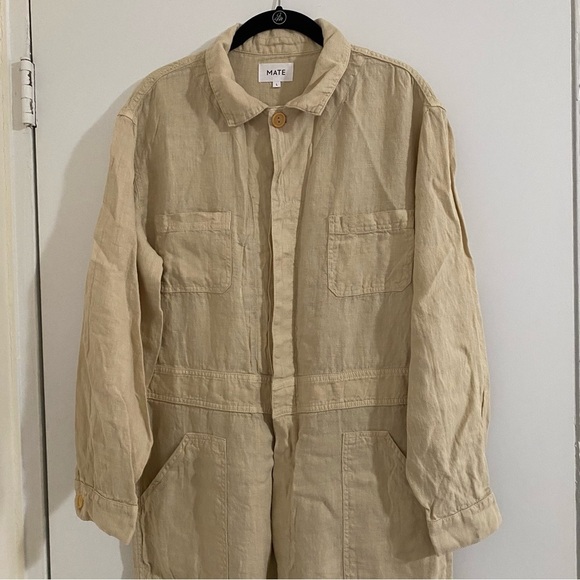 Mate the Label Linen Long Sleeve Jumpsuit Natural Sz Large - Picture 4 of 14